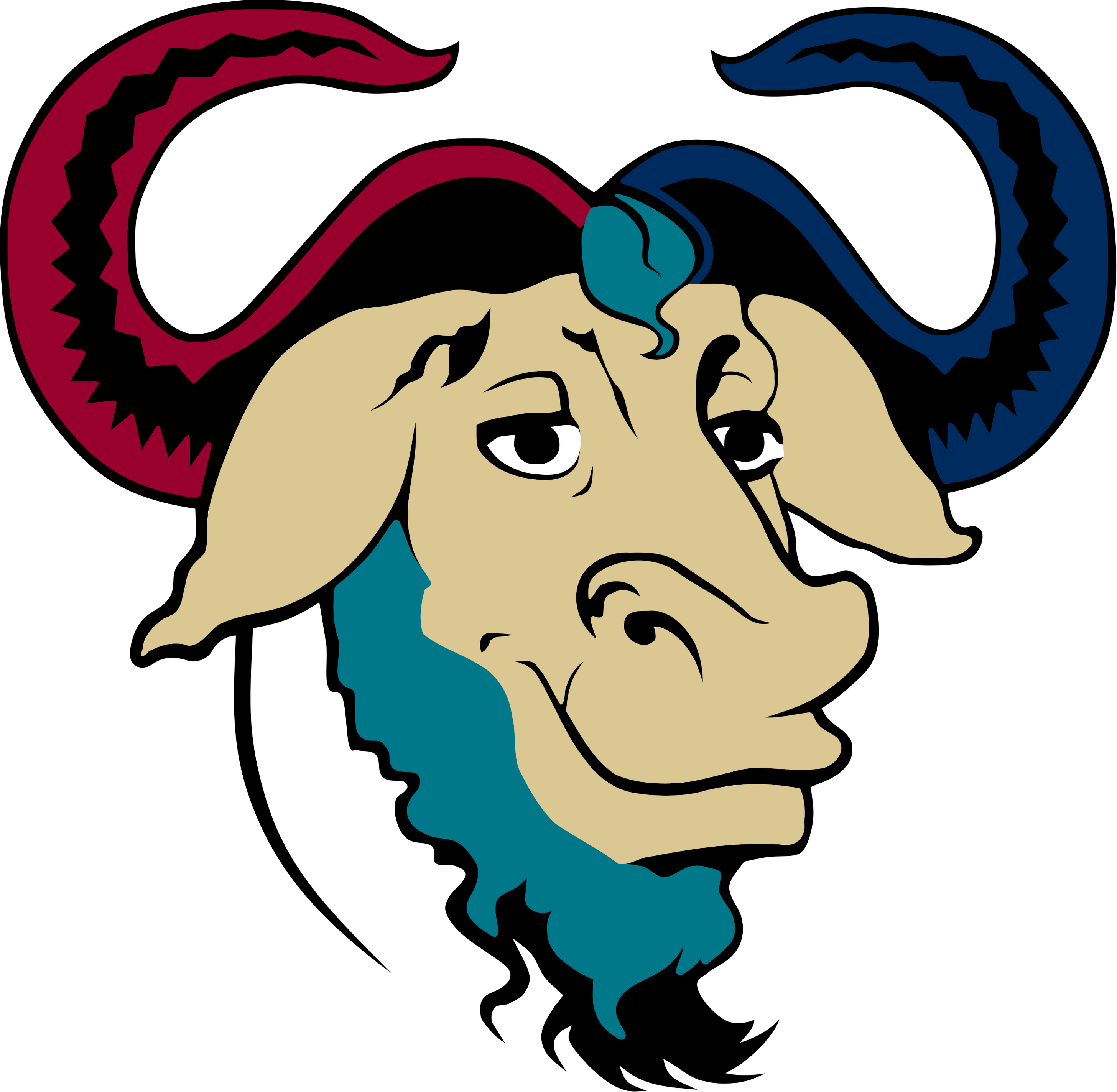 An updated render of the TCC Free-as-in-Freedom Software club mascot, the GNU but with the school's colors. This PNG render is based off of an updated SVG made in inkscape that defined the colors with proper vectors rather than messing with binaries in gimp.