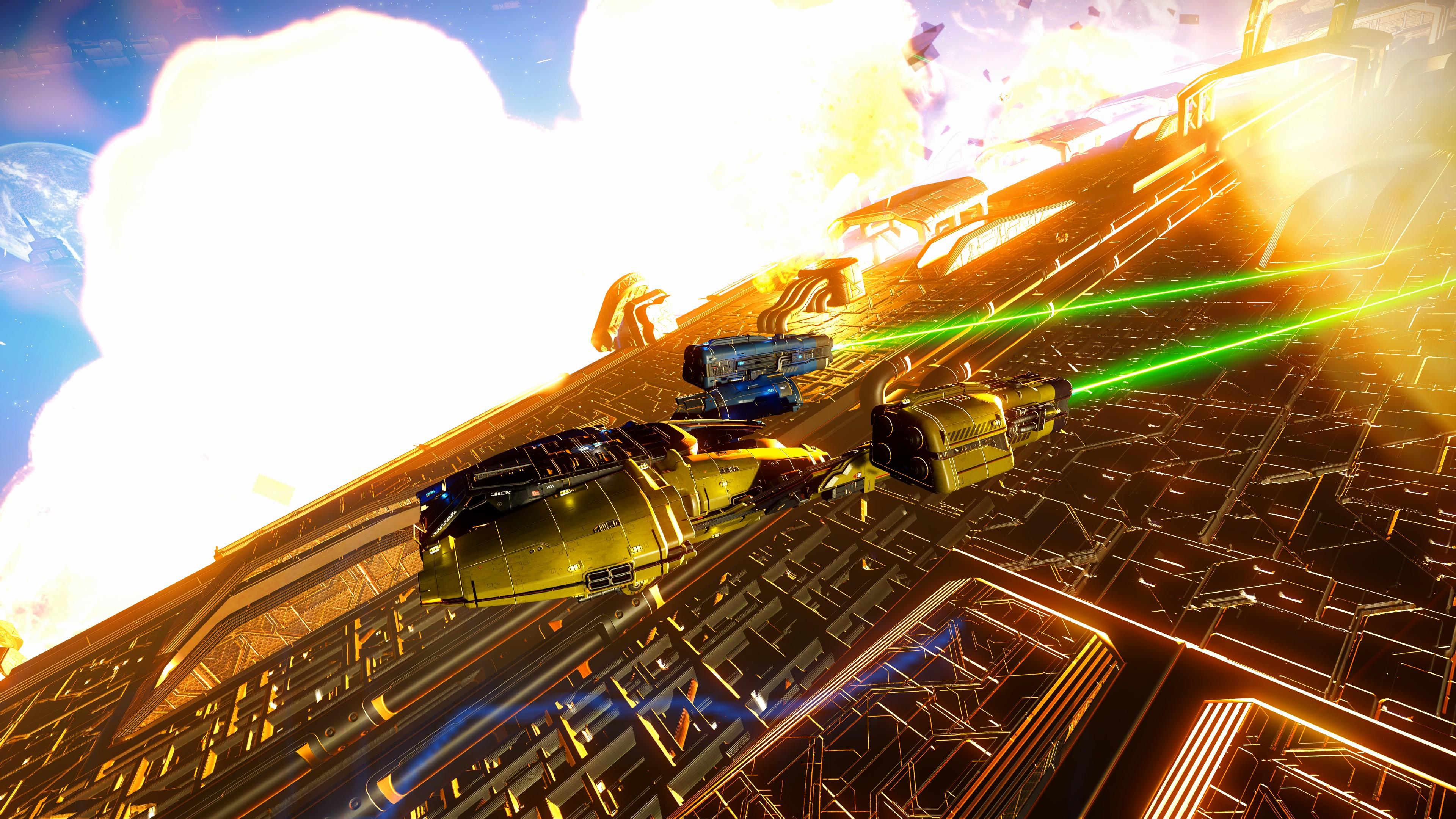 NMS Antinomy streaks away from an exploding pirate frigate. The pirate frigate is my workplace in this scenario. I'm deeply unhappy at my job.